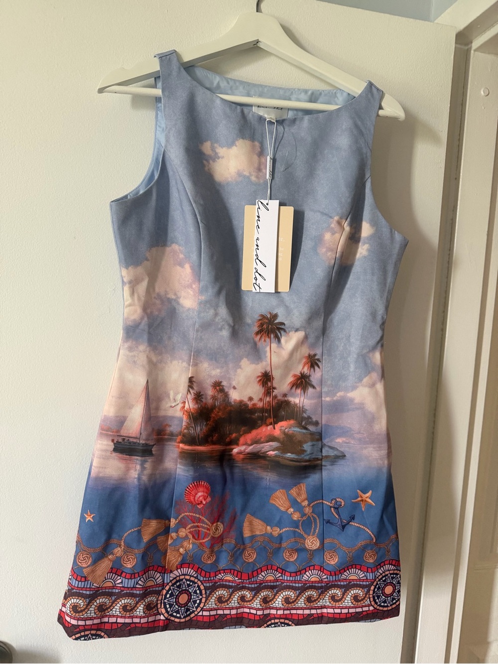 Line & Dot Pastel Cloud Print Shift Dress in Light Blue